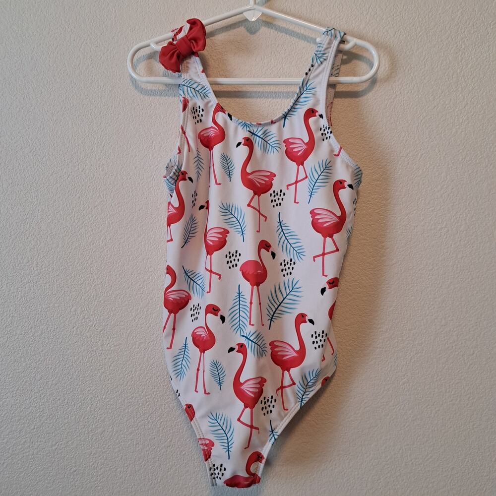 Flamingo girls size 140 (10) swimsuit one-piece with ruffles white and pink